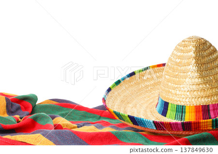 Sombrero on a colorful blanket for Cinco de Mayo, isolated, PNG Sombrero on a colorful blanket for Cinco de Mayo, isolated, PNG 137849630