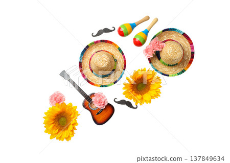 Two sombreros with flowers and maracas, isolated, PNG Two sombreros with flowers and maracas, isolated, PNG 137849634