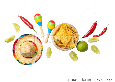 Delicious nachos with lime, peppers, and festive items, isolated, PNG 137849637