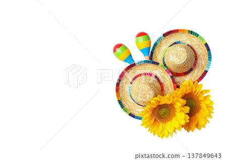 Hats and maracas by sunflowers for celebration, isolated, PNG Hats and maracas by sunflowers for celebration, isolated, PNG 137849643