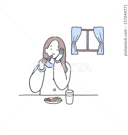 Illustration of a woman eating fruit after a meal 137849771