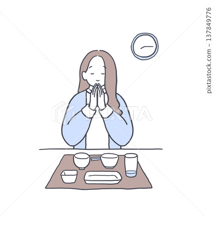 一幅插圖，描繪了一位女士在用餐完畢後說“謝謝你們的款待”。 137849776