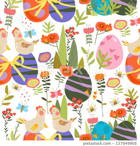 Easter Seamless Pattern with Flowers, Hens and Easter Eggs Easter Seamless Pattern with Flowers, Hens and Easter Eggs 137849908