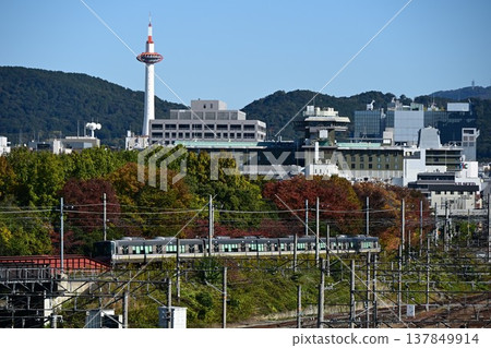 A local train departing from Kyoto Station on the San'in Main Line (Sagano Line) 137849914