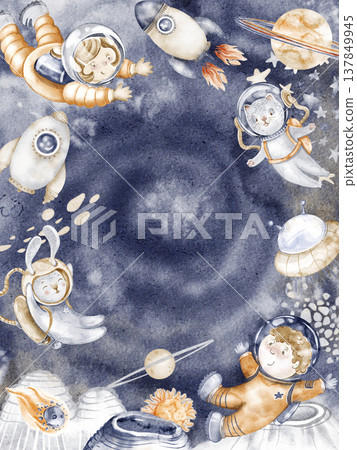 Cosmic card template. Hand painted watercolor featuring rockets, astronauts, and galaxy. Ideal for children party designs and preschool projects. Cosmic card template. Hand painted watercolor featuring rockets, astronauts, and galaxy. Ideal for children party designs and preschool projects. 137849945