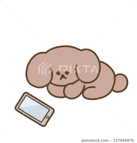一幅狗狗因長時間盯著智慧型手機而顯得疲憊的插畫。 137849976