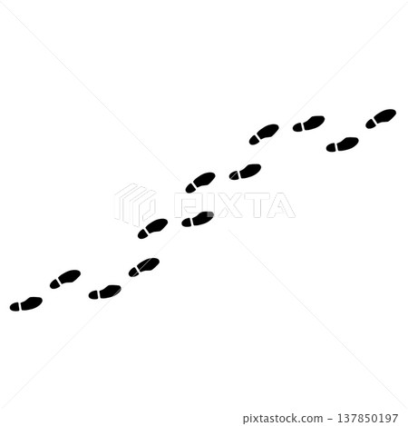 Human footprint curve, black silhouette bare foot track trail isolated on white. Walking person steps, bare human footprint path, organic body part shape. Barefoot print silhouette Human footprint curve, black silhouette bare foot track trail isolated on white. Walking person steps, bare human footprint path, organic body part shape. Barefoot print silhouette 137850197