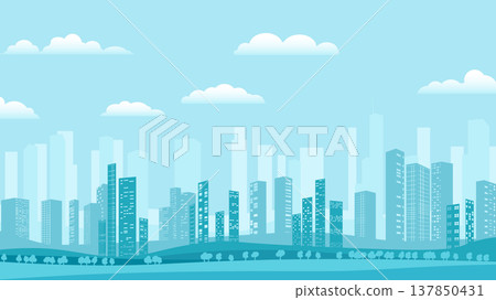 Urban silhouette landscape of modern city. Abstract horizontal banner. Panorama in flat style, header images for web. City buildings of business district. Vector illustration simple geometric Urban silhouette landscape of modern city. Abstract horizontal banner. Panorama in flat style, header images for web. City buildings of business district. Vector illustration simple geometric 137850431
