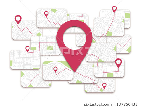Navigation system showing a tracking navigation in progress in the streets on app screen. Choose route and location with GPS map app. Vector illustration on white background Navigation system showing a tracking navigation in progress in the streets on app screen. Choose route and location with GPS map app. Vector illustration on white background 137850435