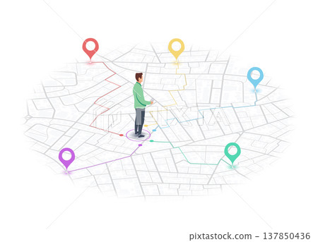Tourist traveling using his smartphone to favorite places on map. Isometric gps navigation concept. City map route navigation smartphone, phone point markers. Vector illustration on white background Tourist traveling using his smartphone to favorite places on map. Isometric gps navigation concept. City map route navigation smartphone, phone point markers. Vector illustration on white background 137850436