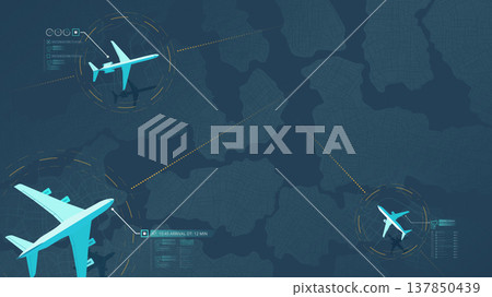 Flight status. Track airplanes flight route data, air traffic. Top view of airplane flying above city map. Plane journey over modern megapolis city residential district. Vector illustration Flight status. Track airplanes flight route data, air traffic. Top view of airplane flying above city map. Plane journey over modern megapolis city residential district. Vector illustration 137850439