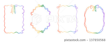 Set of whimsical hand-drawn rainbow gradient frames with curly ribbons, bows, and scalloped edges. Decorative colorful borders with sketchy wavy lines and doodle squiggles. Vector illustration. 137850568