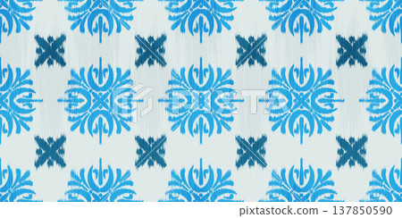 Ikat seamless pattern with floral ethnic motif. Geometric rug textured batik print for textile background. Traditional tribal oriental woven ornament. Decorative grunge illustration 137850590
