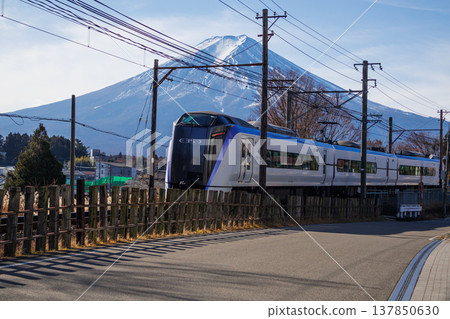 Multiple trains running near Tsukigaeji Temple in Fujiyoshida 137850630