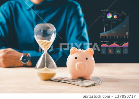 Time money hourglass finance concept shows investing, save money, investment growth with piggy bank, cash, digital charts, business person planning future wealth Time money hourglass finance concept shows investing, save money, investment growth with piggy bank, cash, digital charts, business person planning future wealth 137850717