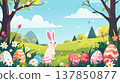 Easter bunny in spring meadow with colorful eggs 137850877