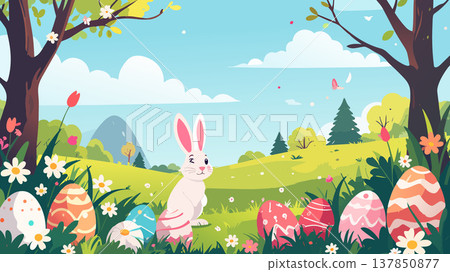 Easter bunny in spring meadow with colorful eggs Easter bunny in spring meadow with colorful eggs 137850877