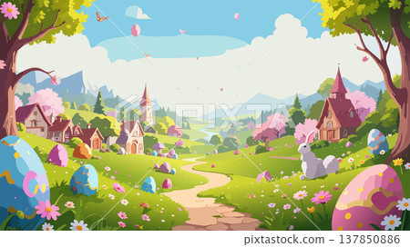 Easter village landscape with bunny and colorful eggs Easter village landscape with bunny and colorful eggs 137850886