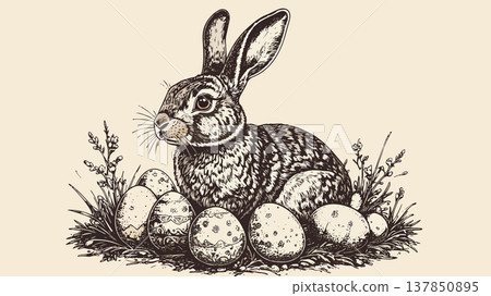 Easter bunny rabbit with decorated eggs drawing Easter bunny rabbit with decorated eggs drawing 137850895