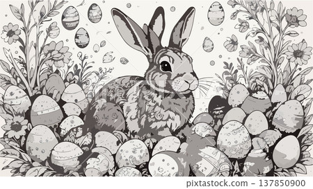 Easter bunny rabbit illustration in garden with eggs Easter bunny rabbit illustration in garden with eggs 137850900