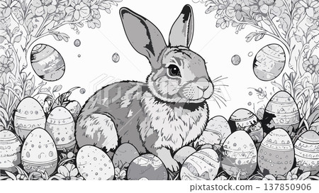 Easter bunny rabbit sitting among decorated eggs Easter bunny rabbit sitting among decorated eggs 137850906