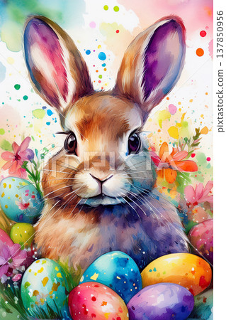 Easter bunny with watercolor eggs and spring flowers 137850956