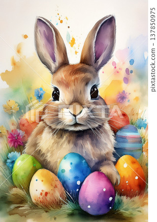 Easter bunny surrounded by colorful painted eggs and flowers Easter bunny surrounded by colorful painted eggs and flowers 137850975