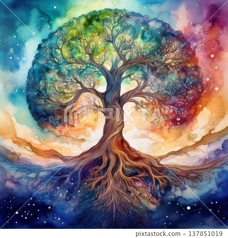 Tree of life watercolor universe spiritual concept painting 137851019
