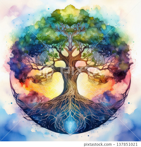 Tree of life watercolor painting symbolizing spiritual growth Tree of life watercolor painting symbolizing spiritual growth 137851021