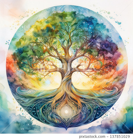 Tree of life watercolor with colorful cosmic mandala 137851029