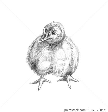 Turkey chick front view. Isolated pencil illustration for children's books, agricultural illustrations, apparel design, greeting cards, food packaging, themed events, and websites. Turkey chick front view. Isolated pencil illustration for children's books, agricultural illustrations, apparel design, greeting cards, food packaging, themed events, and websites. 137851044