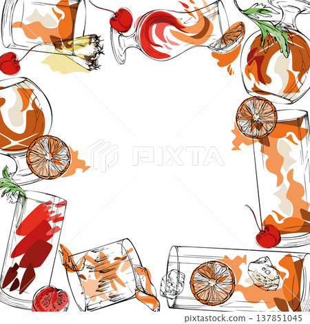 Tequila sunrise, exotic Mai Tai, Long Island iced tea vector cocktail frame in warm reds and oranges with flat accent fills. Hand drawn border for promotions, drink menu, summer invites, product label 137851045