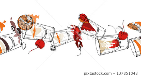 Orange red and cream cocktail mix strip with flat accents and minimal shapes, shot glasses hand drawn in ink. Hand drawn vector seamless banner for festive promotions, product edges, blog sections Orange red and cream cocktail mix strip with flat accents and minimal shapes, shot glasses hand drawn in ink. Hand drawn vector seamless banner for festive promotions, product edges, blog sections 137851048