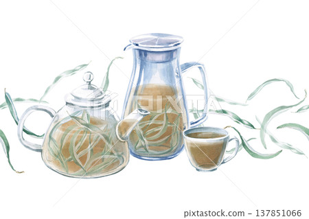 A seamless border with eucalyptus leaves, a teapot, a pitcher and a cup. Isolated watercolor illustration for wedding invitations, cosmetics, greeting cards, articles on medicine, ecology, plants. A seamless border with eucalyptus leaves, a teapot, a pitcher and a cup. Isolated watercolor illustration for wedding invitations, cosmetics, greeting cards, articles on medicine, ecology, plants. 137851066