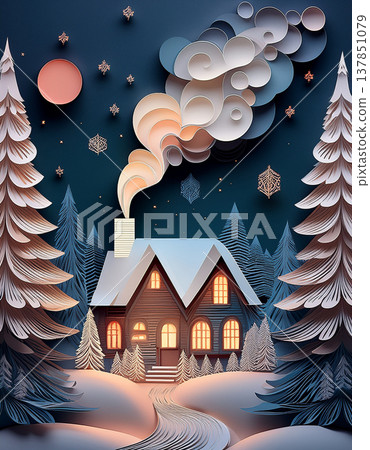 Cozy winter cabin with smoking chimney in snow forest 137851079
