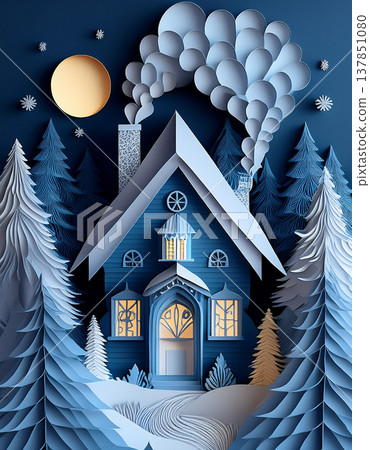 Cozy winter cottage in snowy forest paper cut art 137851080