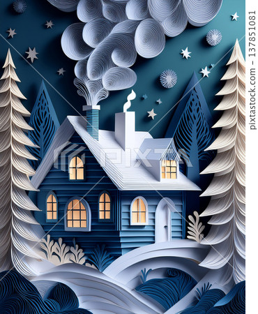 Cozy house in snowy forest with paper quilling art Cozy house in snowy forest with paper quilling art 137851081