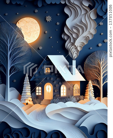 Winter cottage paper art under full moon Winter cottage paper art under full moon 137851086