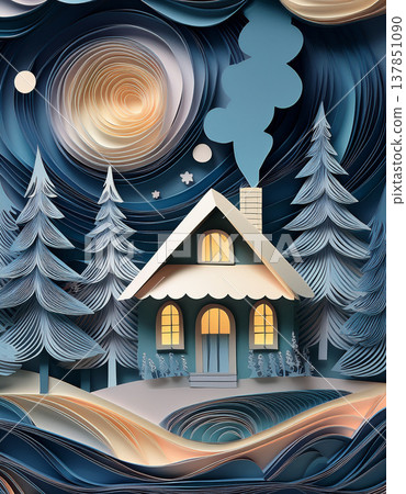 Cozy winter cabin with paper quilling starry skies Cozy winter cabin with paper quilling starry skies 137851090