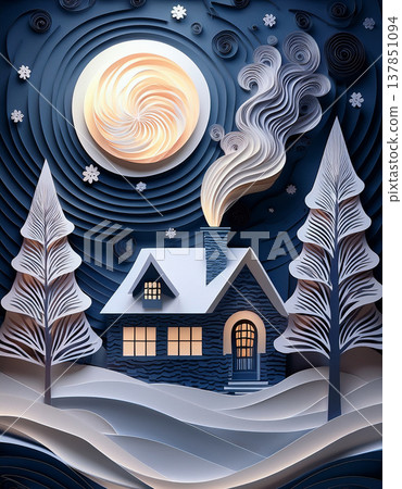 Winter cottage creating smoke under moon and falling snow Winter cottage creating smoke under moon and falling snow 137851094