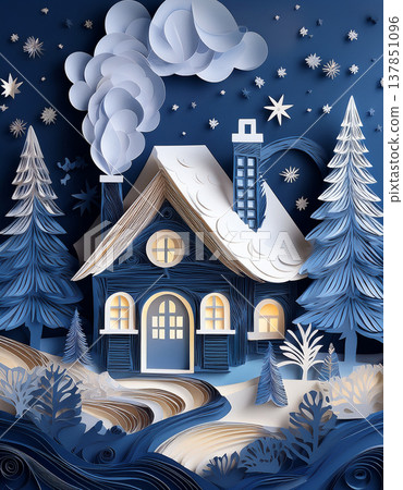 Paper craft winter house with snow and trees Paper craft winter house with snow and trees 137851096