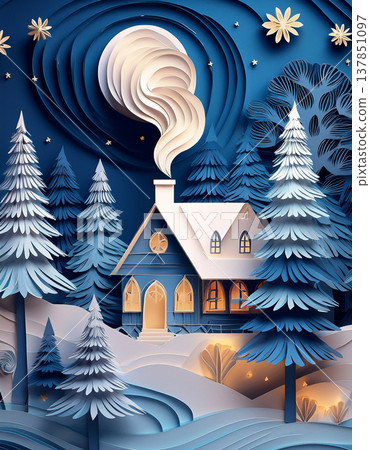 Cozy winter cabin digital paper cut art Cozy winter cabin digital paper cut art 137851097