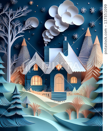 Cozy winter house paper cut art scene 137851099