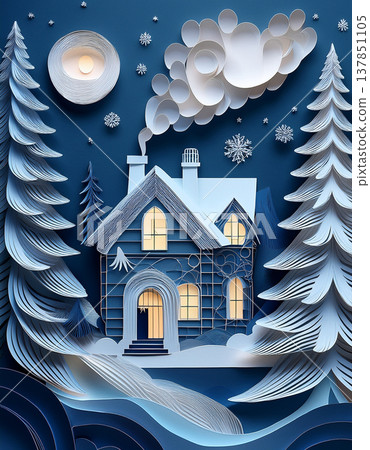 Paper cut winter cottage scene with falling snow Paper cut winter cottage scene with falling snow 137851105