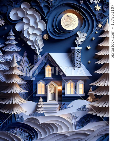Winter cottage under starry night paper quilling art Winter cottage under starry night paper quilling art 137851107