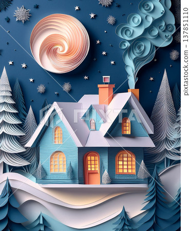 Quilling art winter house snowing at night Quilling art winter house snowing at night 137851110