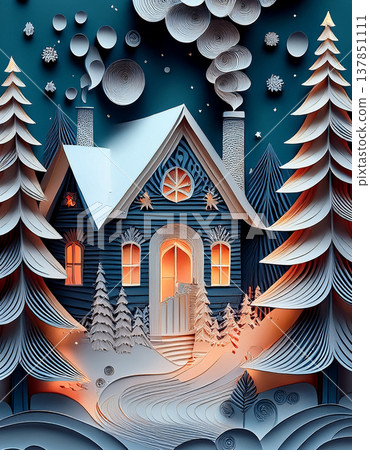 Winter house paper art with cozy holiday lights Winter house paper art with cozy holiday lights 137851111