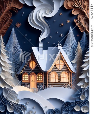Winter cabin paper quilling art creating cozy holiday scene at night 137851116