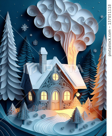 Winter cabin scene with paper quilling art creating snow and trees Winter cabin scene with paper quilling art creating snow and trees 137851118