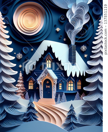 Winter wonderland paper art with cozy cottage 137851119